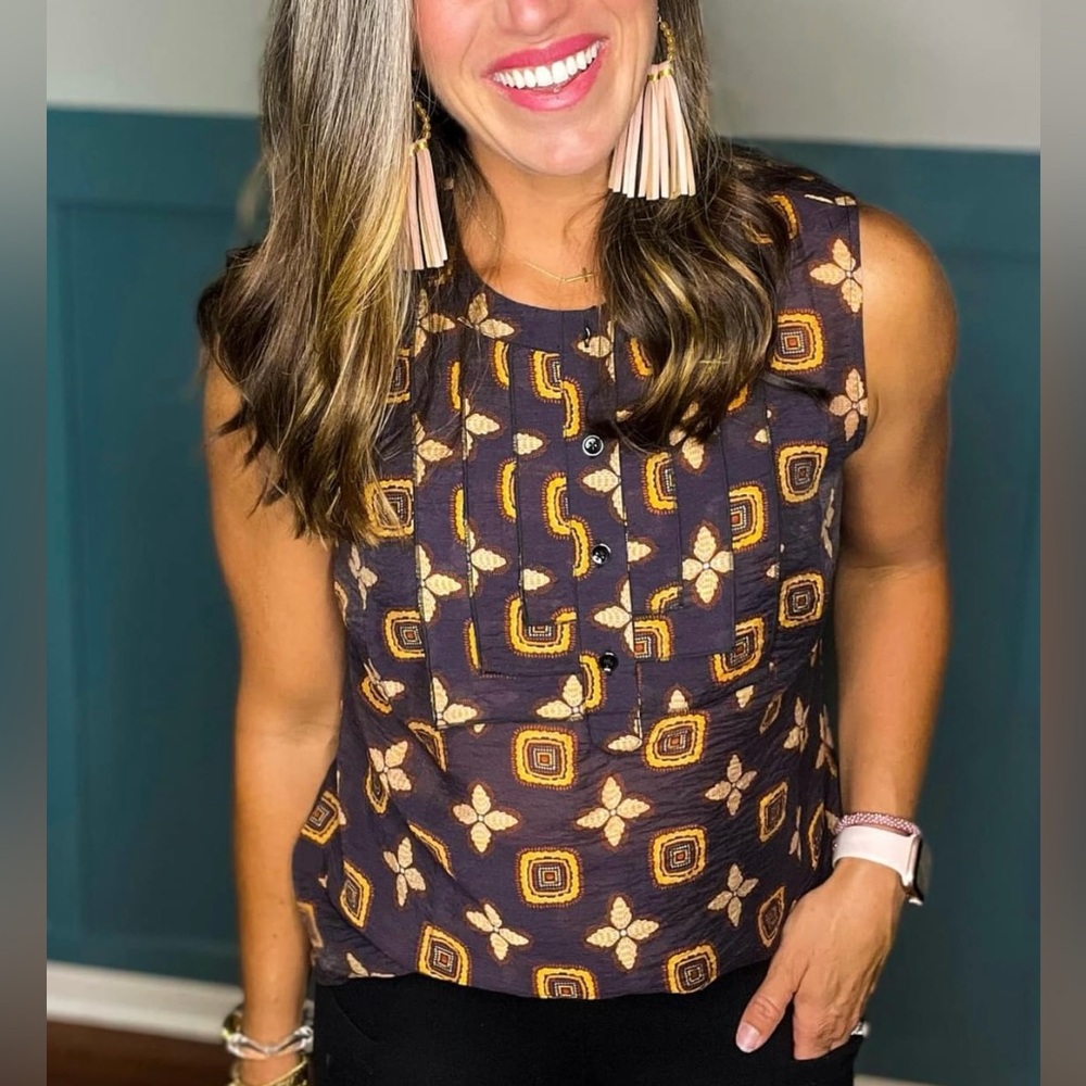 CAbi Brown and Gold Patterned Sleeveless Top